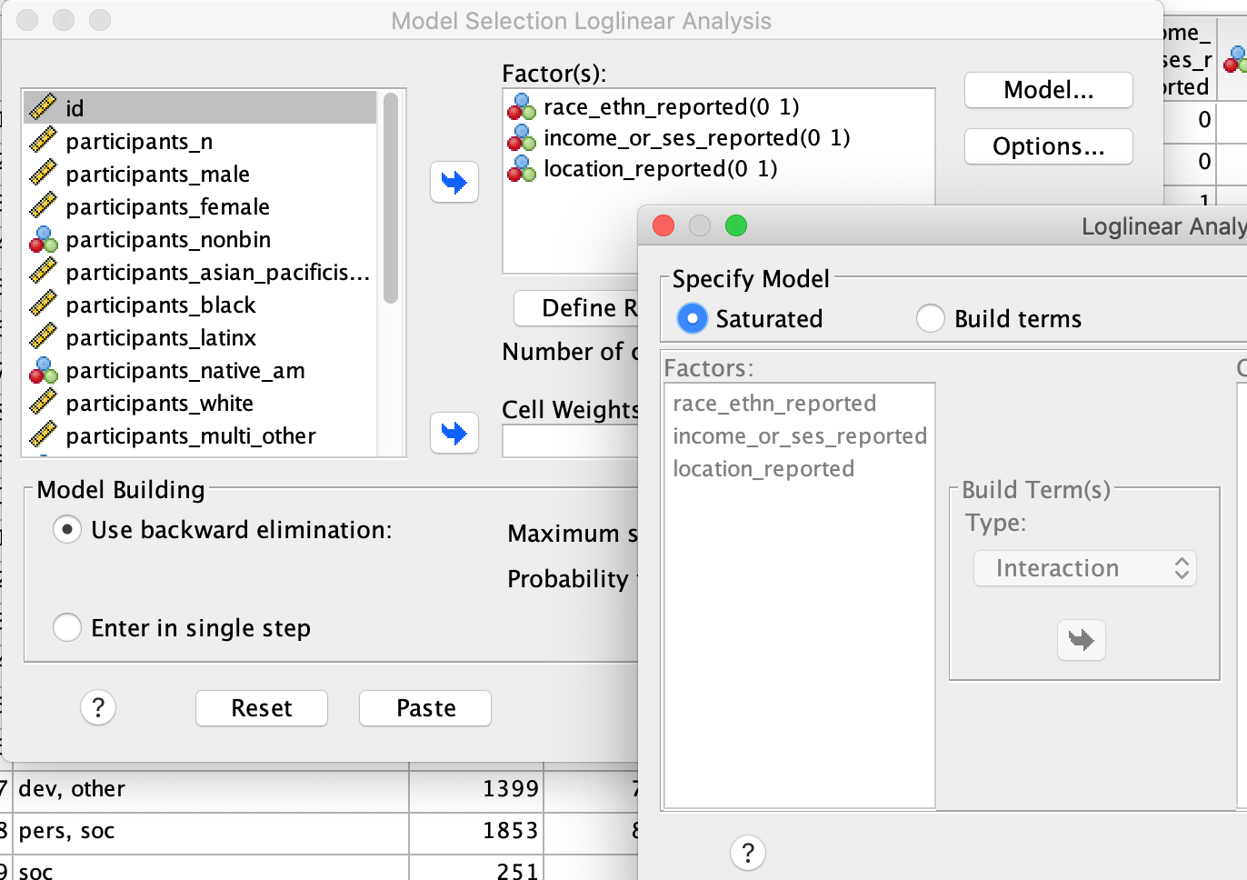Step 2b - log linear model specification